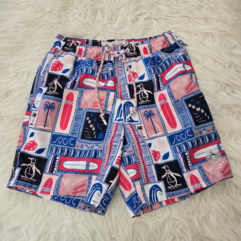 PENGUIN ORIGINAL Hawaii Motif Swim Shorts Trunks w Mesh Small Vacation Resort‎